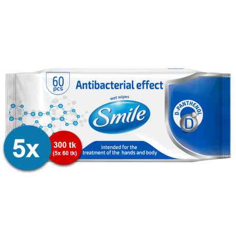 Smile Käte desinfitseerimiseks antibakteriaalsed niisked salvrätikud 60tk 5 pakki komplektis